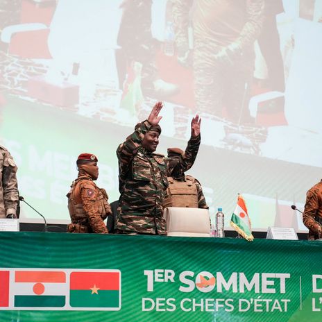 Niger's General Abdourahamane Tiani, Mali's Assimi Goita and Burkina Faso's Captain Ibrahim Traore during the first summit of the Alliance of Sahel States (AES) in Niamey, Niger July 6, 2024.