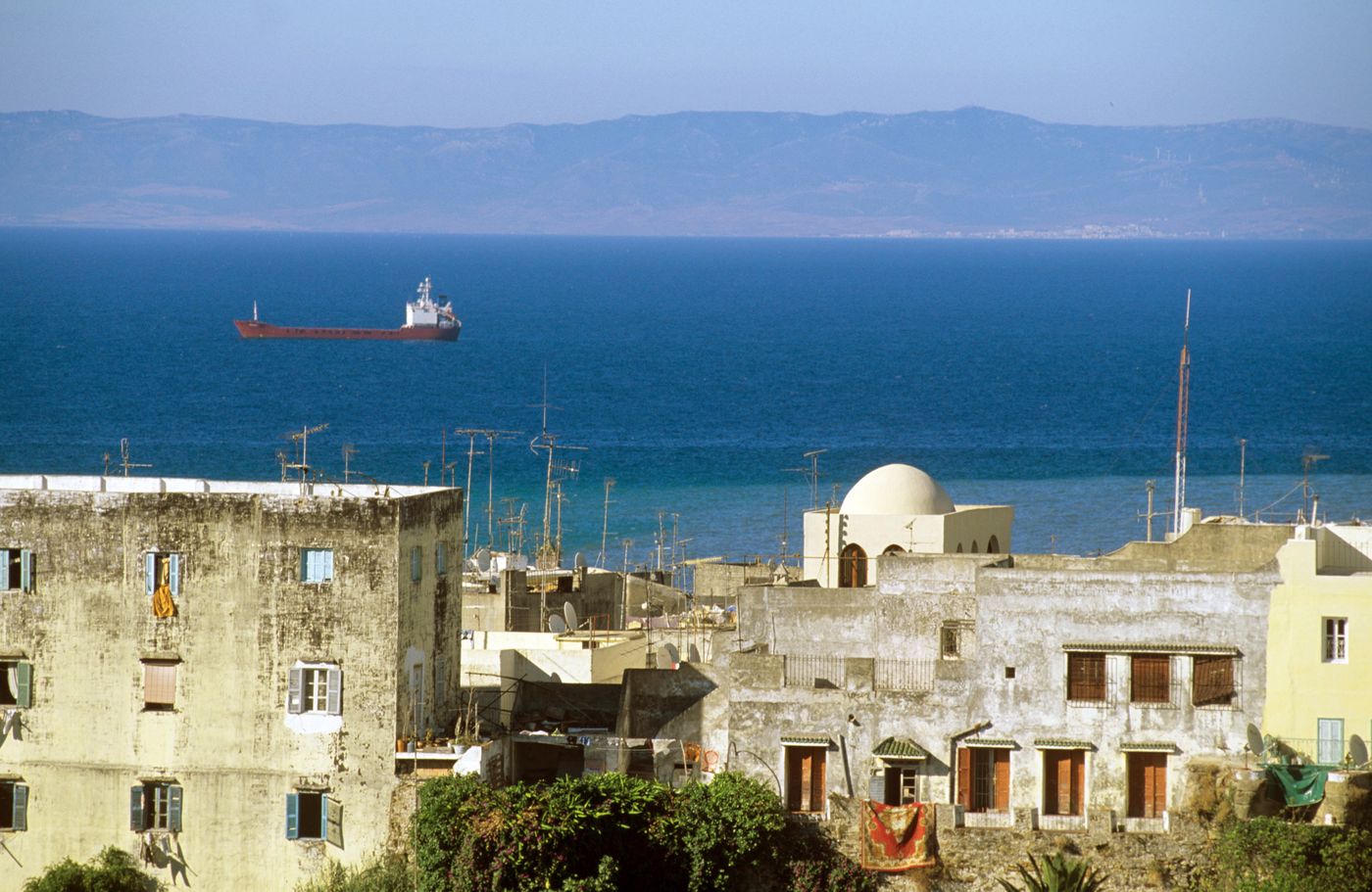 View from Tangier, Morocco: The Strait of Gibraltar with the Spanish coast in the background, connecting the Atlantic Ocean to the Mediterranean Sea.